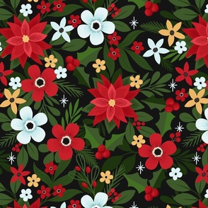 Large | Bright Christmas Floral on Dark 