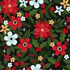 Small | Bright Christmas Floral on Dark 
