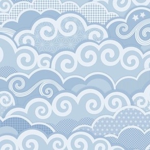 Sweet Dreams- Sky with Clouds and Stars- Cloudy Night Sky Light Blue- Petal Signature Sky Blue and Fog- Pastel Blue- Nursery Wallpaper- Small