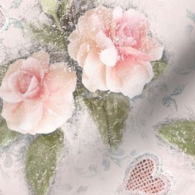 Romantic Pink Camellias & Lacy Hearts vintage collage 