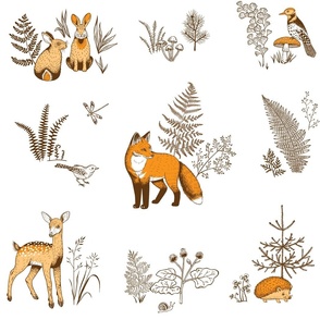 Forest with fox, baby deer, birds, hares, hedgehog, fern, mushroom. 1 repeat 
