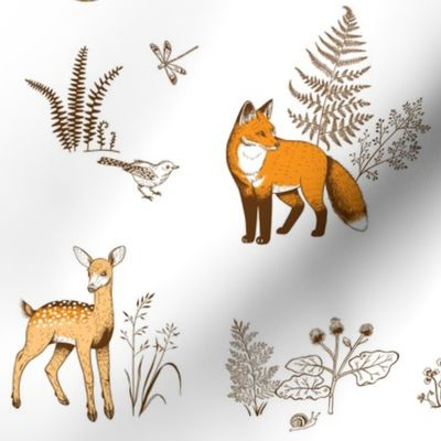 (2 repeat) Forest with fox, baby deer, birds, hares, hedgehog, fern, mushroom