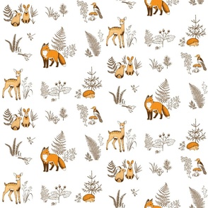 (2 repeat) Forest with fox, baby deer, birds, hares, hedgehog, fern, mushroom