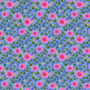 Vibrant Pink Flowers and Vines on Blue Background-Large Scale