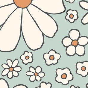Retro daisies flower power - Teal orange cream - Jumbo