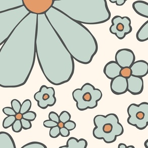 Retro daisies flower power - Cream teal orange - Jumbo