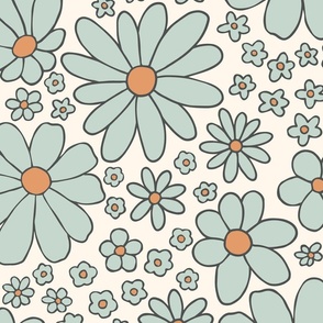 Retro daisies flower power - Cream teal orange- Large