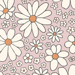 Retro daisies flower power - pink orange cream - Large