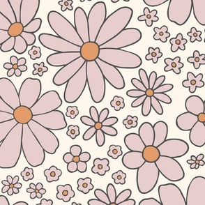 Retro daisies flower power - Cream pink orange - Large