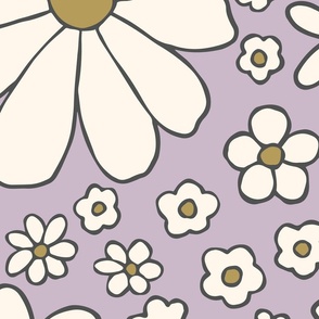 Retro daisies flower power - violet lavender purple and olive green and cream -  Jumbo