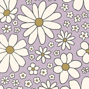 Retro daisies flower power - violet lavender purple and olive green and cream - Large