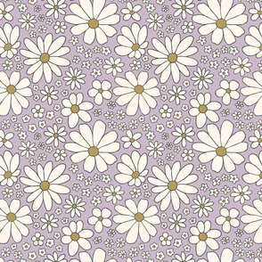 Retro daisies flower power - violet lavender purple and olive green and cream - Medium