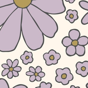 Retro daisies flower power - Cream violet lavender purple and olive green - Jumbo