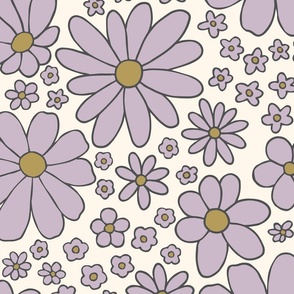 Retro daisies flower power - Cream violet lavender purple and olive green - Large