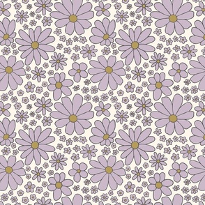 Retro daisies flower power - Cream violet lavender purple and olive green - Medium