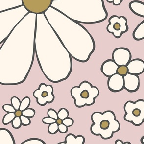 Retro daisies flower power - blush pink and olive green and cream - Jumbo