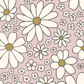 Retro daisies flower power - blush pink and olive green and cream - Large