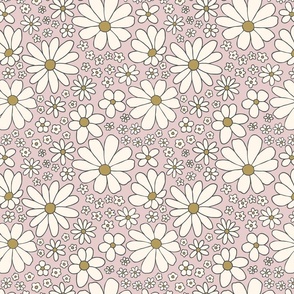 Retro daisies flower power - blush pink and olive green and cream - Medium