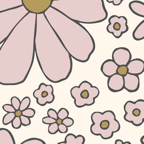 Retro daisies flower power - Cream blush pink and olive green - Jumbo