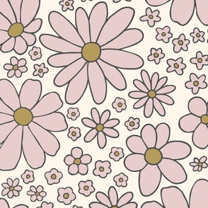 Retro daisies flower power - Cream blush pink and olive green - Large