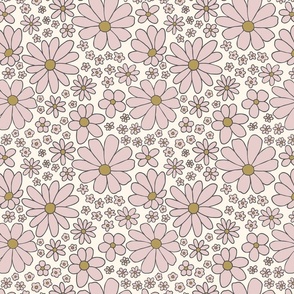 Retro daisies flower power - Cream blush pink and olive green - Medium