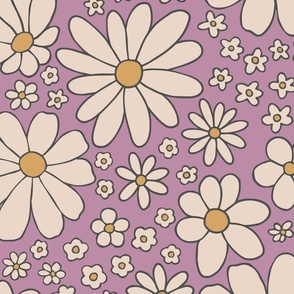 Retro daisies flower power - purple and gold - Large