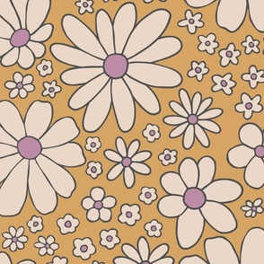 Retro daisies flower power - gold and purple - Large