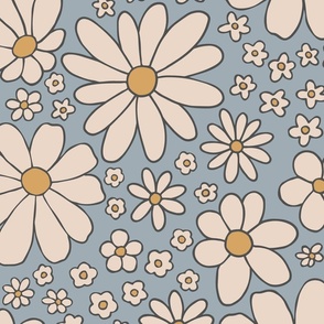 Retro daisies flower power - blue grey - Large