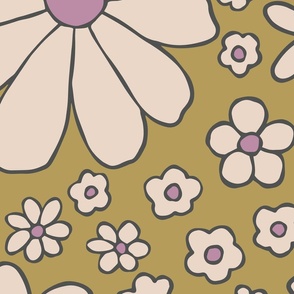 Retro daisies flower power - chartreuse olive green  - Jumbo