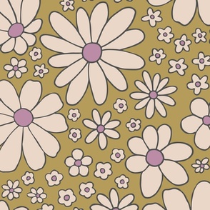 Retro daisies flower power - chartreuse olive green  - Large