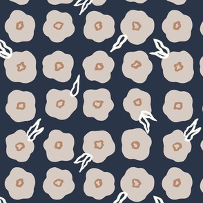 Small Scale | Abstract Organic Dipsy Daisies Flowers: Contemporary Geometric Taupe Grey & Terracotta Orange Flower Pedals with White Wax Crayon Leaves on Dark Blue Background for Garden Upholstery, Kids Wallpaper & Retro Home Décor with Neutral Color Pale