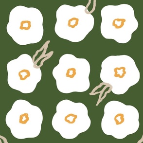 Abstract Organic Dipsy Daisies Flowers: Contemporary Geometric White & Sun Yellow Flower Pedals with Sand Beige Wax Crayon Leaves on Grass Green Background for Garden Upholstery, Kids Wallpaper & Retro Home Décor with Neutral Color Palette