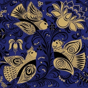 Folk Art Birds and Flowers Half Drop Repeat Middle Size - Golden Blue