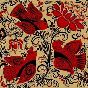 Folk Art Birds and Flowers Half Drop Repeat Middle Size - Golden Red