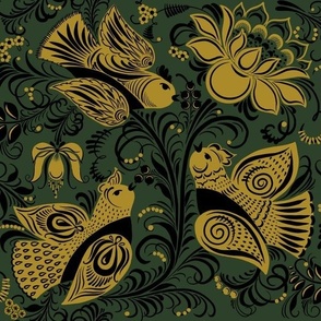 Folk Art Birds and Flowers Half Drop Repeat Middle Size - Golden Green