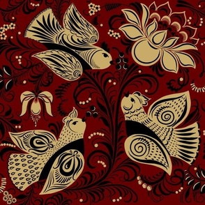 Folk Art Birds and Flowers Half Drop Repeat Middle Size - Red Golden