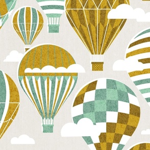 Large jumbo scale // Let your dreams fly // beige background jade and nugget yellow vintage hot air balloons in the clouds // kids room gender neutral  nursery