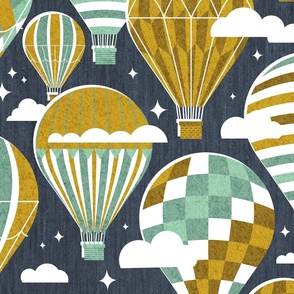 Large jumbo scale // Let your dreams fly // hale navy background jade and nugget yellow vintage hot air balloons in the clouds // kids room gender neutral  nursery