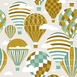 Normal scale // Let your dreams fly // beige background jade and nugget yellow vintage hot air balloons in the clouds // kids room gender neutral  nursery