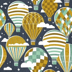 Normal scale // Let your dreams fly // hale navy background jade and nugget yellow vintage hot air balloons in the clouds // kids room gender neutral  nursery