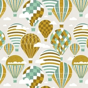 Small scale // Let your dreams fly // beige background jade and nugget yellow vintage hot air balloons in the clouds // kids room gender neutral  nursery