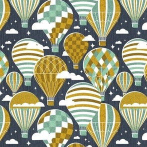 Small scale // Let your dreams fly // hale navy background jade and nugget yellow vintage hot air balloons in the clouds // kids room gender neutral  nursery