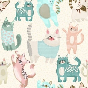 Hand drawn Whimsical Whiskers Colorful Cats Playful Parade of Dressed Felines nursery childrens room print