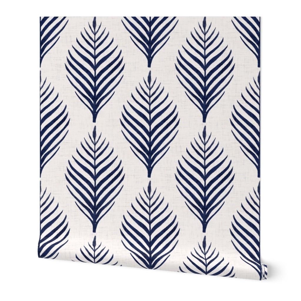 Linen Palm Frond - Navy on Cream - 24 inch repeat
