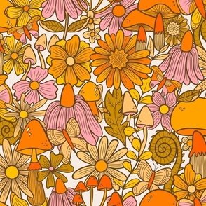 Sheryl  summer floral orange toadstools, seventies, retro, butterflies