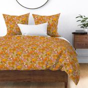 Sheryl  summer floral orange, seventies, retro, toadstools, butterflies