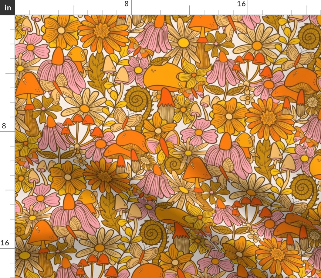 Sheryl  summer floral orange, seventies, retro, toadstools, butterflies