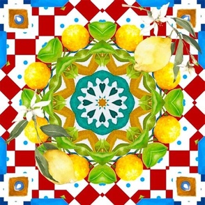 Blue,red tiles,Sicilian,majolica,lemon 