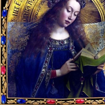 38 medieval middle ages reading prayer bible book Virgin Mary Christianity Catholic religious mother Madonna pearl crown floral flowers black gold frame robes gems jewels halo flowers beautiful lady woman filigree ornate 15th century Victorian Victorian B
