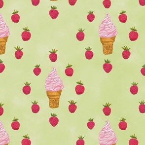 Strawberry Swirl Ice Cream Delight || Large scale|| , strawberries and ice cream cones on green background. 